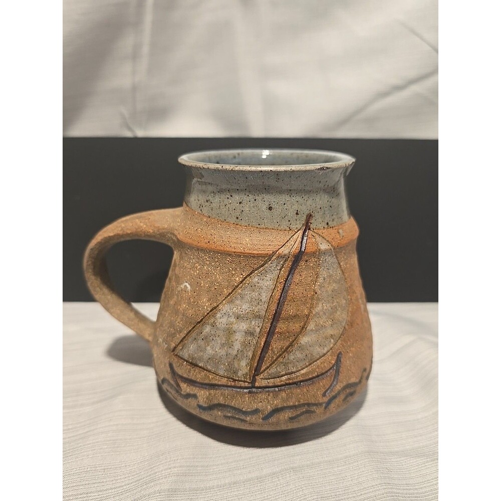 Brown & Blue Speckled Sailboat Ocean Studio Pottery Mug Hand Crafted Signed
